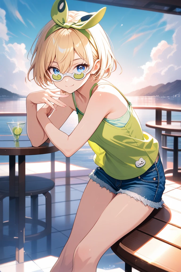 Wearing a plain yellow tank top with transparent shoulder straps and a mini skirt、A 30-year-old blonde woman with big sits on a table on the beach、Smile and wave、Nothing to wear、Summer sandy beach in the background、Do not cut off the head or limbs、Draw all five fingers correctly