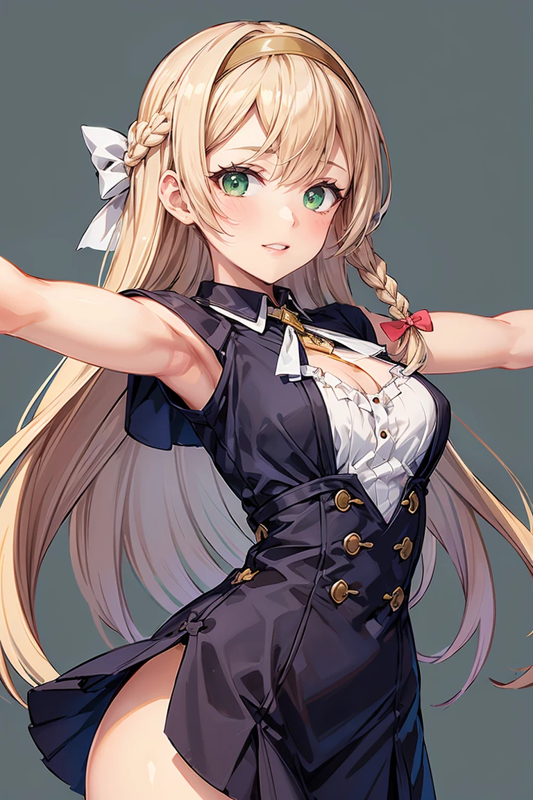 sparrow, a blonde haired girl, wearing a princess clothes, long hair, hair, black skirt, green princess uniform with ruffles on the shouders, slim body, naughty face, seductive pose, seductive smile, mini skirt, black beret, big breasts, she close her left eye, braid hair