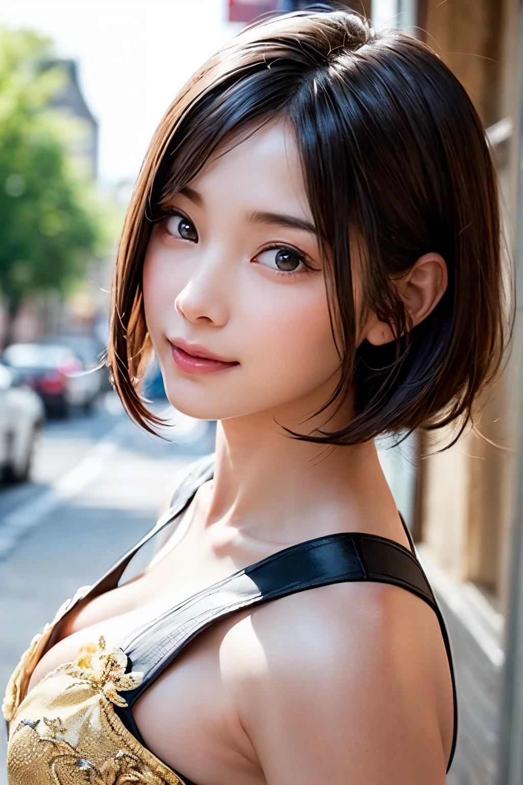 (masutepiece, top-quality、The ultra -The high-definition、Very attractive adult beauty、Add intense highlights to the eyes、Look firmly at the camera:1.4、Absolutely beautiful bangs:1.4、Brunette short bob hair with bangs:1.4),1girl in, 独奏, A dark-haired, scarf, Hats,, realisitic, looking at the viewers, black eyes of light color, shorth hair, coat, Winter clothes, White headscarf, s lips, lipgloss，bangss, The upper part of the body、big eye、Lashes)、((Road system in Italy、Hyperreal Stick:1.4))、((Shorthair with bangs:1.4、Beautiful bangs with 46 points:1.4、{gigantic|big|huge|mega} breasts, cleavage、big eye、Put very strong highlights in your students、very Bigger breasts、gazing at viewer、Very beautiful beauty、Put your ears out、long neck、little smiling、Beautiful teeth、Open your mouth and smile))、28 year old、Very cute supermodel