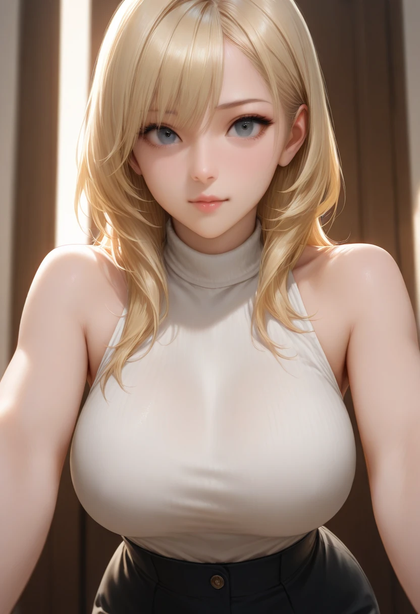 (masterpiece, beautiful, ultra detailed, highres). Generate a captivating artwork featuring an elegant blonde adult english woman with striking blue eyes in a professional office environment. Zoom in to highlight her facial features with exquisite detail, emphasizing the elegance in her expression. Picture her exuding confidence and sophistication as she navigates the workspace with poise. Envision her in modern, wearing a sleeveless office shirt that complements her style. Request a dynamic touch by capturing her in a leaning forward pose, adding a sense of engagement and focus to the scene. The contemporary office decor and large windows letting in soft natural light should enhance the ambiance. Maintain a neutral and composed look on her face, conveying both confidence and grace in the corporate world. Pay meticulous attention to the details in her eyes, the play of light on her features, and the overall aesthetic that combines modern elegance with professionalism.