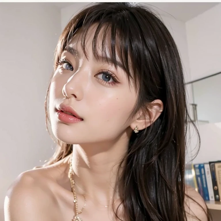 ((Highest quality, 8k, masterpiece :1.3)), Sharp focus :1.2, Beautiful woman with perfect figure :1.4, Slim Abs :1.2, ((Big Breasts, Accentuate your cleavage:1.3)), (PhotoRealistic:1.4), (Realistic:1.4), (whole body, Short Bob, Brown Hair:1.5), Highly detailed face and skin texture, fine grain, double eyelid. Makeup Face. A little bit of lipstick, necklace, Earrings, Sex Appeal, Sexy fiery pose, (Wrapped in white silk sheets、Sexy erotic beauty poses defenselessly on the bed。ゴールドのnecklaceが胸元に輝く。The background is a dimly lit bedroom、Moody lighting。:1.3)