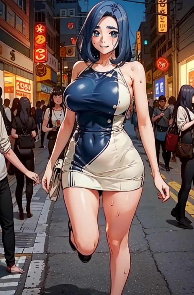 eyelashes,eyeshadow,eyebrows,blue eyes, small nose, lips, smile,face,black hair,hair bun,1girl,18 years old, (big breasts:1.5),skinny body, narrow waist, small hips, tight dress, short dress, black dress,spaghettie straps, cleavage, standing straight, full body view,in the shopping mall, 