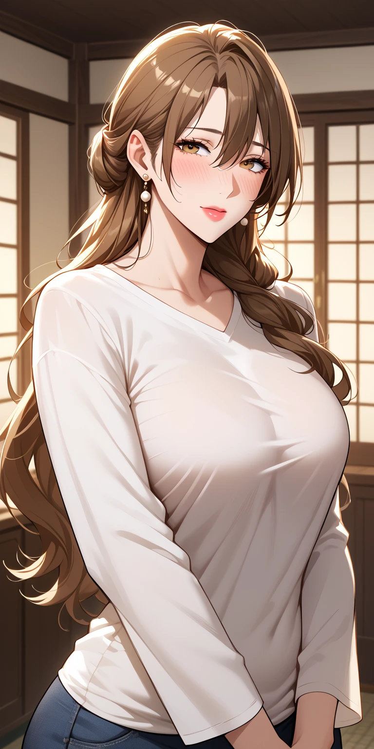 masterpiece, highest quality、High resolution, Bedroom, High-quality images, 8k, 1 female, Accurate Fingers, fourth finger with wedding ring, Skin Radiance, Texture of skin and clothing, Expression of fine eyes, Shiny Hair, Girl with long brown hair, Manga inspired by Lee Jong-suk, Trending on deviantart, realism, detailed manga style, Manga art style, Perfect Line Drawing, Beautiful line art, digital manga art girl, K-POPアイドル, Beautiful brown eyes, Fuller lips, Gorgeous face with attention to detail, (Cute Smile), Charm, Innocent, Side view, (Perfectly detailed face), (Beautiful Hands) Photorealistic images, Written boundary depth, Japanese Princess Cut Hairstyle, ((best sunday dresses, blouse)), Tight waist