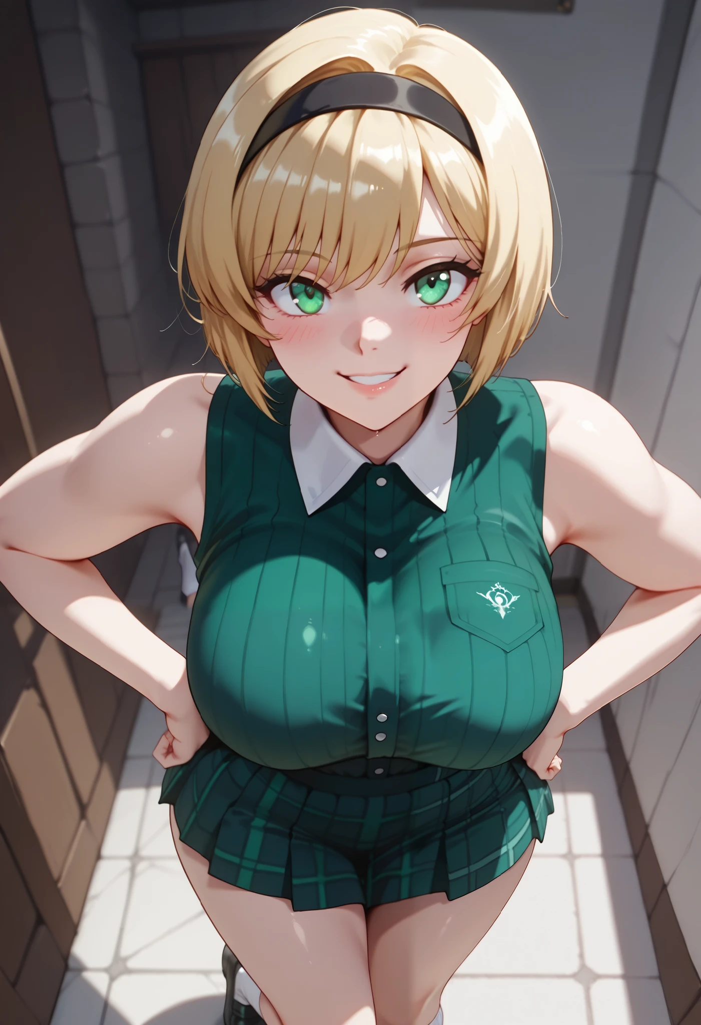 (dynamic angle, wide view, wide-angle lens, extremely detailed, CG, 8k Amazing, finely detail)), (intricate details, depth of field), 8k UHD, (masterpiece, best quality), ((amazing quality,very aesthetic,absurdres,best quality,newest, masterpiece)), ultra detailed, best quality, beautiful face, perfect anatomy, anatomically correct, athletic sexy body, Expressiveh, (cute face, cute body))), ((happy girl, proud to show her body)), ((((Miki H, blonde hair, bobcut, short hair,bangs, green eyes, black hairband, large breast, green striped shirt, sleeveless shirt, white collar, plaid pink miniskirt, white socks))), ((large breasts, slim sexy body, curvy hips, seductive pose, flirting, naughty face, blush)), (((looking at viewer, happy smile, joy, cowboy shot, dynamic pose)))), curvy, toned, athletic, standing, hands on hip, (((seductive pose, sexy pose, cowboy pose)), indoors,((hourglass figure)), ((pinup pose, seductive pose,dynamic pose, seductive), ((precise face and eyes:1)) , ((looking at back, full body shot, hourglass figure, wide hips)))), fantasy, outdoors, ((highly detailed, highres, 8k, uhd, High Dynamic Range, tonemapping, crisp details, intricate details, fine details)), ((highly detailed skin texture, finely detailed hair, perfect face, perfect body, perfect hair, perfect anatomy, portrait)), (((close up view, above view, leg up))))