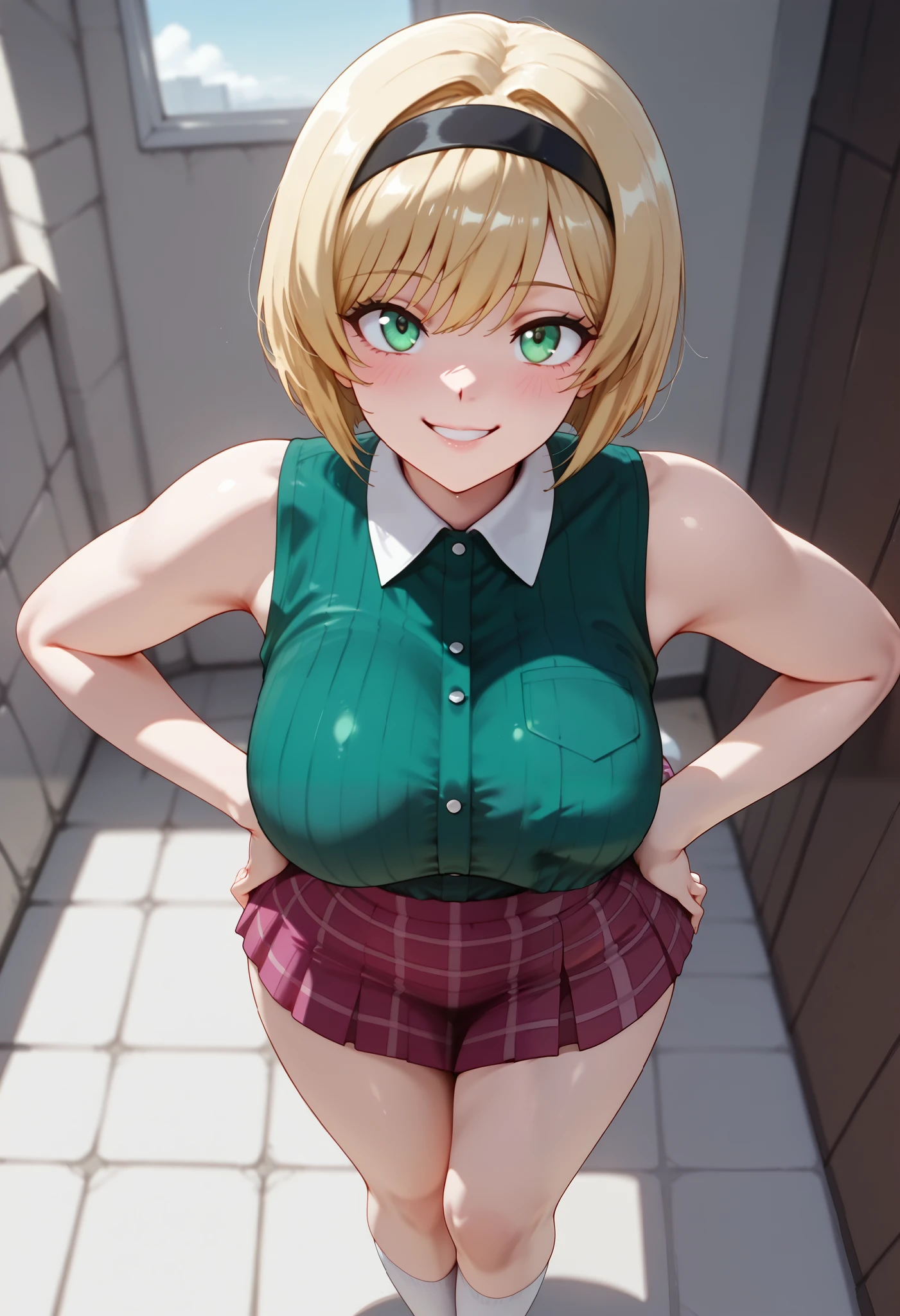 (dynamic angle, wide view, wide-angle lens, extremely detailed, CG, 8k Amazing, finely detail)), (intricate details, depth of field), 8k UHD, (masterpiece, best quality), ((amazing quality,very aesthetic,absurdres,best quality,newest, masterpiece)), ultra detailed, best quality, beautiful face, perfect anatomy, anatomically correct, athletic sexy body, Expressiveh, (cute face, cute body))), ((happy girl, proud to show her body)), ((((Miki H, blonde hair, bobcut, short hair,bangs, green eyes, black hairband, large breast, green striped shirt, sleeveless shirt, white collar, plaid pink miniskirt, white socks))), ((large breasts, slim sexy body, curvy hips, seductive pose, flirting, naughty face, blush)), (((looking at viewer, happy smile, joy, cowboy shot, dynamic pose)))), curvy, toned, athletic, standing, hands on hip, (((seductive pose, sexy pose, cowboy pose)), indoors,((hourglass figure)), ((pinup pose, seductive pose,dynamic pose, seductive), ((precise face and eyes:1)) , ((looking at back, full body shot, hourglass figure, wide hips)))), fantasy, outdoors, ((highly detailed, highres, 8k, uhd, High Dynamic Range, tonemapping, crisp details, intricate details, fine details)), ((highly detailed skin texture, finely detailed hair, perfect face, perfect body, perfect hair, perfect anatomy, portrait)), (((close up view, above view, leg up))))