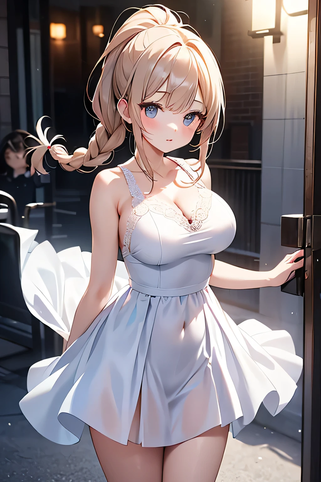 eliayase, eli ayase, Cabello amarillo, blue eyes, cola de caballo, Cinta para el pelo, Obra maestra, mejor calidad, high resolution, fondo de pantalla de unidad 8k, illustration, hermosos ojos detallados, rubor, labios brillantes, labios entreabiertos, Perfect lighting, CG extremadamente detallado, perfect anatomy, vestido de novia, garden, (cuerpo completo)