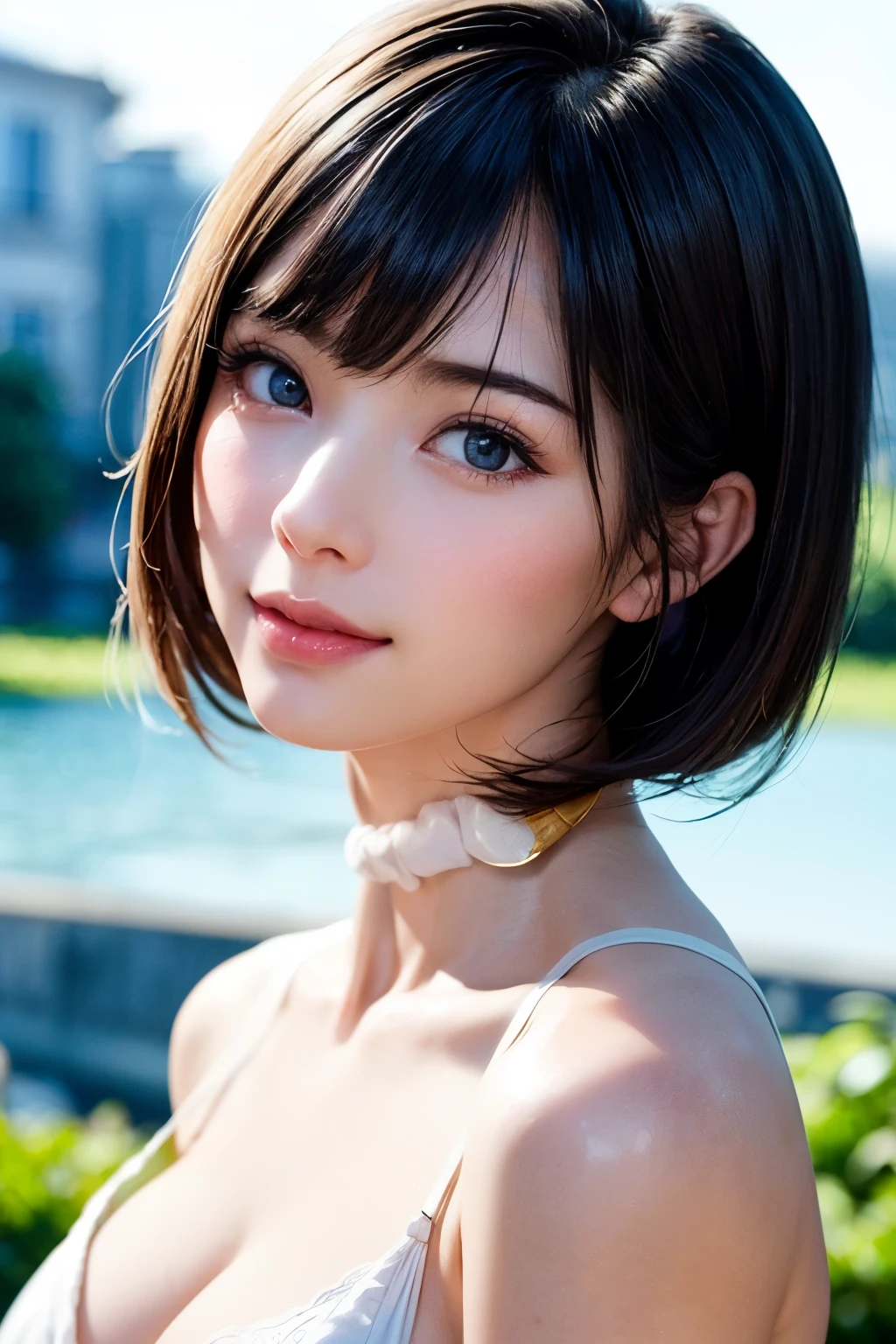 1 girl、highest quality、Realistic、alone、Written boundary depth、Natural soft light、Daytime、charm、Beautiful Face、Cleanliness、Pure Face、White skin、cute、short hair、prohibit、Beach、Light of the sun、Nedium Breast Body Esbian、((セーターを着たBeautiful Faceの黄金比 対称性のあるBeautiful Face))、Long neck、Listen carefully、prohibitのあるきれいな短いボブヘア、Laugh with your mouth closed、Perfect hands指、Perfect hands、Perfect body、Perfect Face、Shine a light into your eyes、Perfect Anatomy:1.4、とてもcuteスーパーモデル:1.4、{Huge|big|Hugeな|Mega} chest:2, chestの谷間:2、Transparent、Transparency、glosoisture、shine、Cool feeling、Beautiful gradation blue sky:2