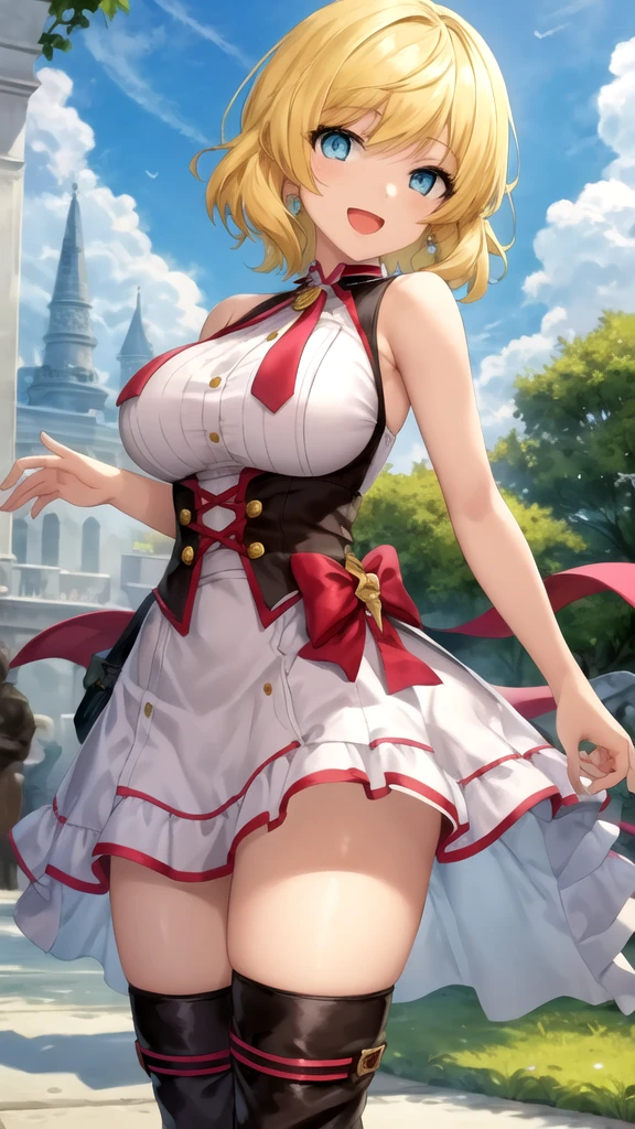 masterpiece:1.4,best-quality,Super Detail,Very Delicate and Beautiful, (( sfw, low angle shot, underboob )), ( lift up her skirt ), pretty girl, black miniskirt, panties, blonde long hair, very gigantic breasts, cleavage, very slender, perfect face