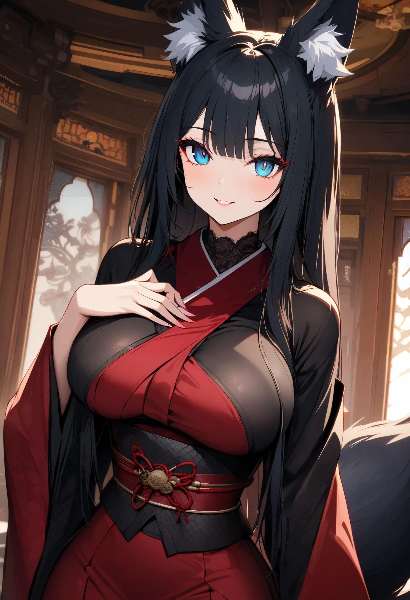 masterpiece, best quality,  <lora:kiri:1> 1girl, hair between eyes, ear piercing, fox tail, large tail, hairclip, japanese clothes, wide sleeves, elbow gloves, black thighhighs, huge breasts, seiza, japanese architecture, indoors, smile, from above