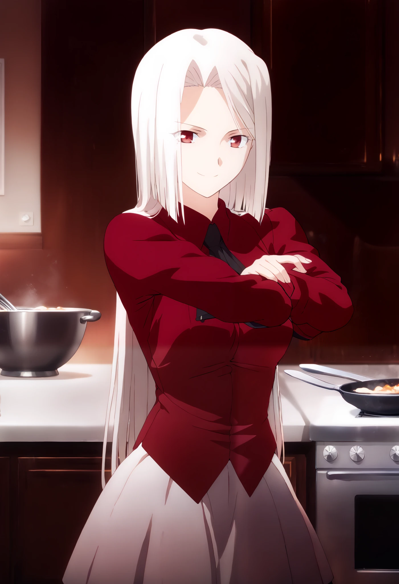 gran calidad ++ Extremely detailed high resolusionolution, very aesthetic, ojos expresivos, (((Cara perfecta))), (((face symmetrical))), ((((good anatomy)))), (((8k))), UHD, Fondo de pantalla HD, (((alta calidra detallada))), (((((1girl)))))), (((alones))) (((solo))), Obra maestra, La mejor calidad, high resolusion, Altamente detallado, ((((illustration)))), hermosos ojos detallados, (((combatant))), ((((upper body)))), (((((maiya hisau)))))), (((long hair))), (((bangs))), (((red eyes))), (((white hair))), (((black eyes))), (((bob cut))), (((parted bangs))), (((thigh boots))), (((pantyhose))), (((thighhighs))), (((skirt))), (((boots))), ((((white skirt)))), (((red shirt))), (((shirt))), (((long sleeves))), (((long hair))), (((kitchen room))), (((b3droom))), (((kawaii))), (((pink theme))), (((arms stretched out))), (((cooking))), (((Happy))), (((Smile))),
