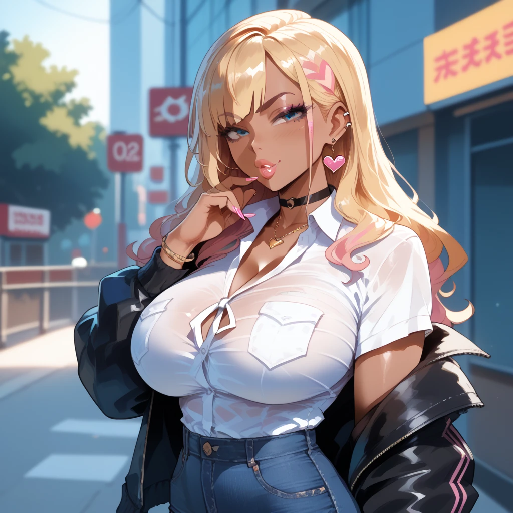 score_9, score_8_up, score_7_up, 1girl, solo, outdoors, front tied shirt, cutoff denim shorts, school street, tomboy, shy, blush, gyaru, standing, choker, looking to the side, big breasts, wide hips, medium long hair,