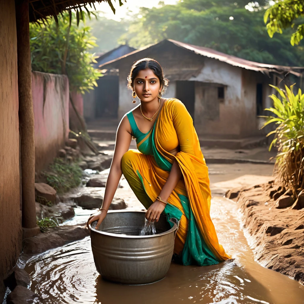 A beautiful Indian woman lives in a village. She is working in the village. She is filling water from the well. A beautiful picture