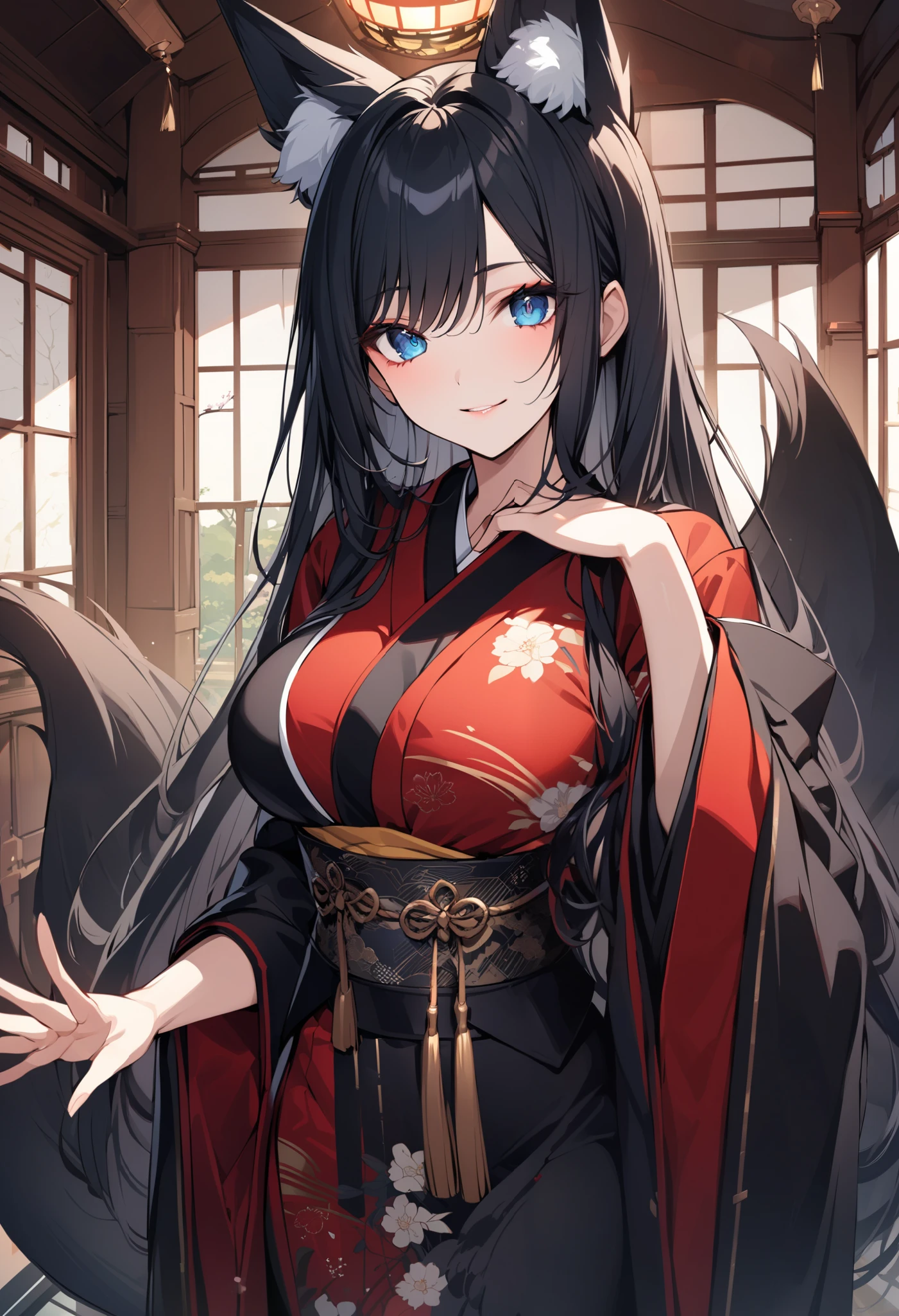 Adult woman, long black hair, blue eyes, white fox ears, open kimono, open chest, smile, masterpiece, high quality