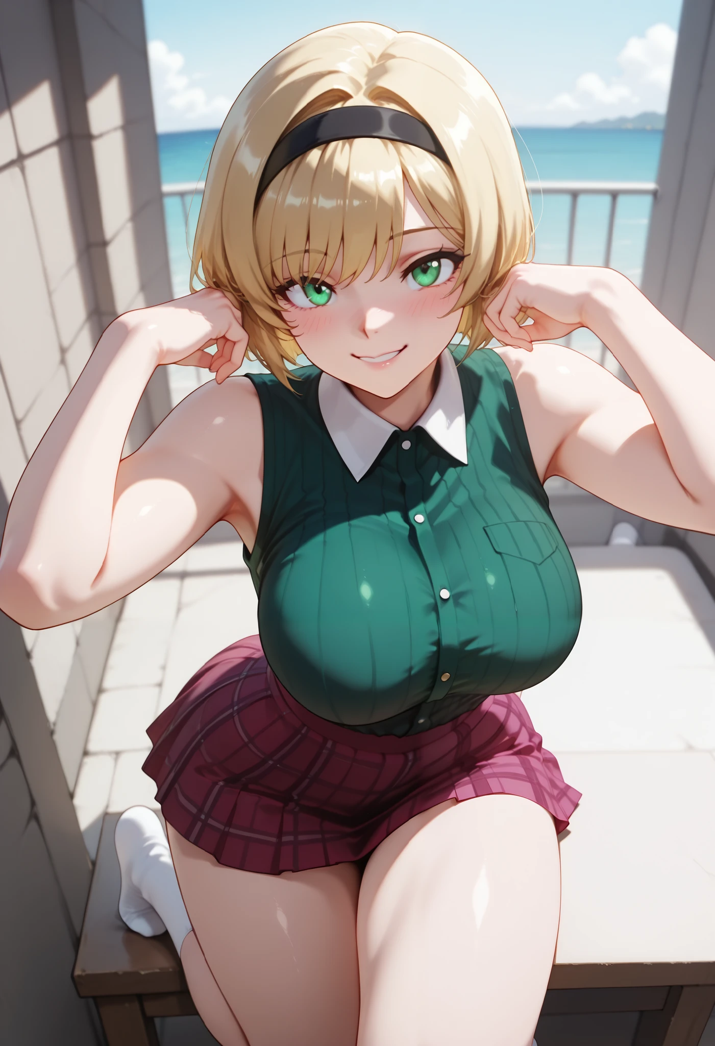 (dynamic angle, wide view, wide-angle lens, extremely detailed, CG, 8k Amazing, finely detail)), (intricate details, depth of field), 8k UHD, (masterpiece, best quality), ((amazing quality,very aesthetic,absurdres,best quality,newest, masterpiece)), ultra detailed, best quality, beautiful face, perfect anatomy, anatomically correct, athletic sexy body, Expressiveh, (cute face, cute body))), ((happy girl, proud to show her body)), ((((Miki H, blonde hair, bobcut, short hair,bangs, green eyes, black hairband, large breast, green striped shirt, sleeveless shirt, white collar, plaid pink miniskirt, white socks))), ((large breasts, slim sexy body, curvy hips, seductive pose, flirting, naughty face, blush)), (((looking at viewer, happy smile, joy, cowboy shot, dynamic pose)))), curvy, toned, athletic, sitting, hands up, (((seductive pose, sexy pose, cowboy pose)), indoors,((hourglass figure)), ((pinup pose, seductive pose,dynamic pose, seductive), ((precise face and eyes:1)) , ((looking at back, full body shot, hourglass figure, wide hips)))), fantasy, outdoors, ((highly detailed, highres, 8k, uhd, High Dynamic Range, tonemapping, crisp details, intricate details, fine details)), ((highly detailed skin texture, finely detailed hair, perfect face, perfect body, perfect hair, perfect anatomy, portrait)), (((close up view, above view, leg up))))