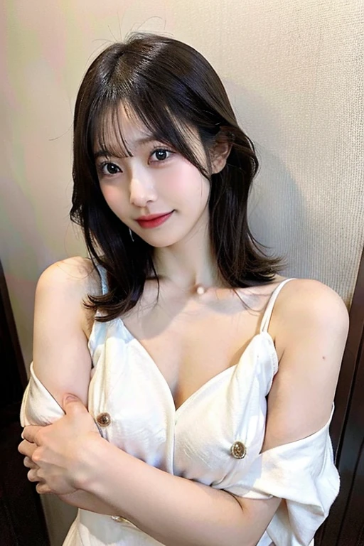 ((Highest quality、Best image quality、Ultra-high resolution、Drawing with Ultra-high resolution、独奏、Please look closely at the camera、Bright aquamarine blue eyes、Very beautiful adult woman、Highly detailed Beautiful Face、Very detailed beautiful eyes、Innocence、beautiful gesture、sympathy、Symmetrical Beautiful Face))、1 girl、Realistic、Depth of written boundary、Natural soft light、Daytime、attractive、Beautiful Face、Cleanliness、Pure Face、White, shiny skin、cute、short hair、Black Hair、Beach、Light of the sun、Medium Breast、Esbian all over、((Light dark blue sweater、Roll up your sleeves and stick your arms out、High school girls、Golden RatioのBeautiful Face、Golden Ratio、Very beautiful large breasts、Beautiful and very large breasts、I opened my chest、Show to the audience、Expose your hips、Expose your shoulders、Lean forward to show your breasts))、Long neck、Listen carefully、Neat short bob with bangs、Very smiling、Perfect Fingers、Perfect hands、Perfect body、Perfect Face、Shine a light into your eyes、Perfect Anatomy、Tall Supermodels、Long-legged supermodel、Supermodel with a Long neck、Broad shoulders、Arms hang down at sides、stand、Bust seen from slightly above、Bright windowsill background、Smile at the audience、Laughter、smile、Today is very big、Beautiful Teeth、Beautiful Teeth alignment、Open your chest wide、beautiful décolletage、Very beautiful sexy woman in revealing clothes、Keep an eye on your audience、Look up at the viewer slightly above、Look up a little、Shadow Fade、Tilt your head