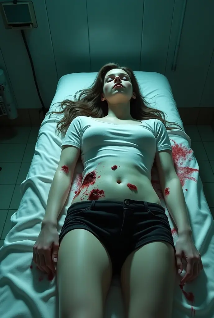 ((melhor qualidade)) ((hiper realista)) ((Hiper detalhado)) corpse of a Very pale hot and beautiful brunette girl, with beautiful body and leg, beautiful nose, beautiful mouth, longe curly hair, Very Very big boobs, dressing sexy t-shirt and shorts, dead in mortuary by gunshots, small wholes in your body by The gunshots, blood dripping of your body, closed eyes