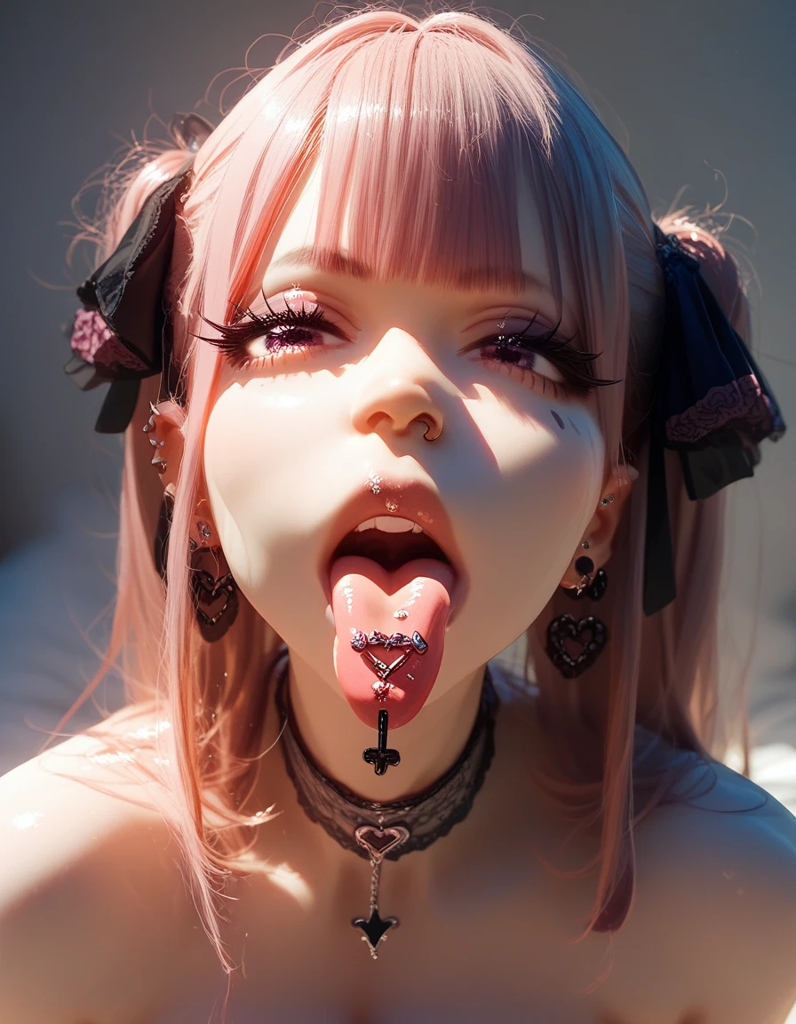 fantasy, 1 , cottage, Human, Big , navel, ,(Masterpiece, Best quality), sidelightning, ,Beautiful detailed eyes, Subordinate chains, Slave collar, lying on bed, Slave costumes, roll eyes, Tongue sticking out, With the tongue, crazy, Open mouth, Screaming, ahegao, rough breath, Blush, Sweat, Slave costumes, multicolored hair, Long hair