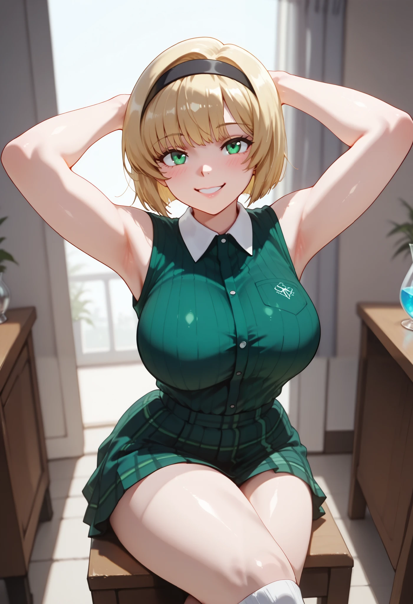 (dynamic angle, wide view, wide-angle lens, extremely detailed, CG, 8k Amazing, finely detail)), (intricate details, depth of field), 8k UHD, (masterpiece, best quality), ((amazing quality,very aesthetic,absurdres,best quality,newest, masterpiece)), ultra detailed, best quality, beautiful face, perfect anatomy, anatomically correct, athletic sexy body, Expressiveh, (cute face, cute body))), ((happy girl, proud to show her body)), ((((Miki H, blonde hair, bobcut, short hair,bangs, green eyes, black hairband, large breast, green striped shirt, sleeveless shirt, white collar, plaid pink miniskirt, white socks))), ((large breasts, slim sexy body, curvy hips, seductive pose, flirting, naughty face, blush)), (((looking at viewer, happy smile, joy, cowboy shot, dynamic pose)))), curvy, toned, athletic, sitting, arms up, crossed legs, (((seductive pose, sexy pose, cowboy pose)), indoors,((hourglass figure)), ((pinup pose, seductive pose,dynamic pose, seductive), ((precise face and eyes:1)) , ((looking at back, full body shot, hourglass figure, wide hips)))), fantasy, outdoors, ((highly detailed, highres, 8k, uhd, High Dynamic Range, tonemapping, crisp details, intricate details, fine details)), ((highly detailed skin texture, finely detailed hair, perfect face, perfect body, perfect hair, perfect anatomy, portrait)), (((close up view, above view)))