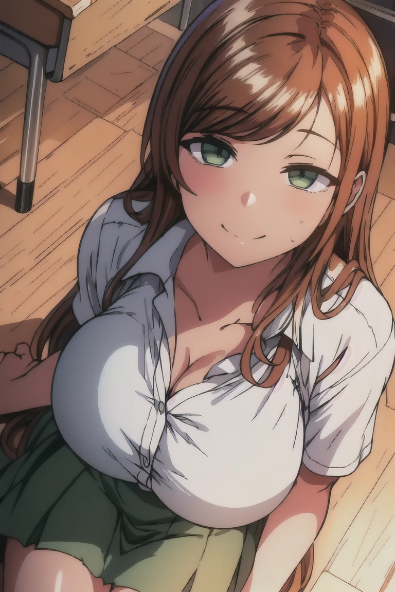 (masterpiece), best quality, expressive eyes, perfect face, highres, 1 girl, solo, shaggy rogers girl, (female body:1.3), green shirt, brown hair, long hair, brown pants, brown-green eyes, loose-fitting shirt, blushing, surprised face, open mouth, hands on breasts, indoor, standing, cowboy shot, looking herself