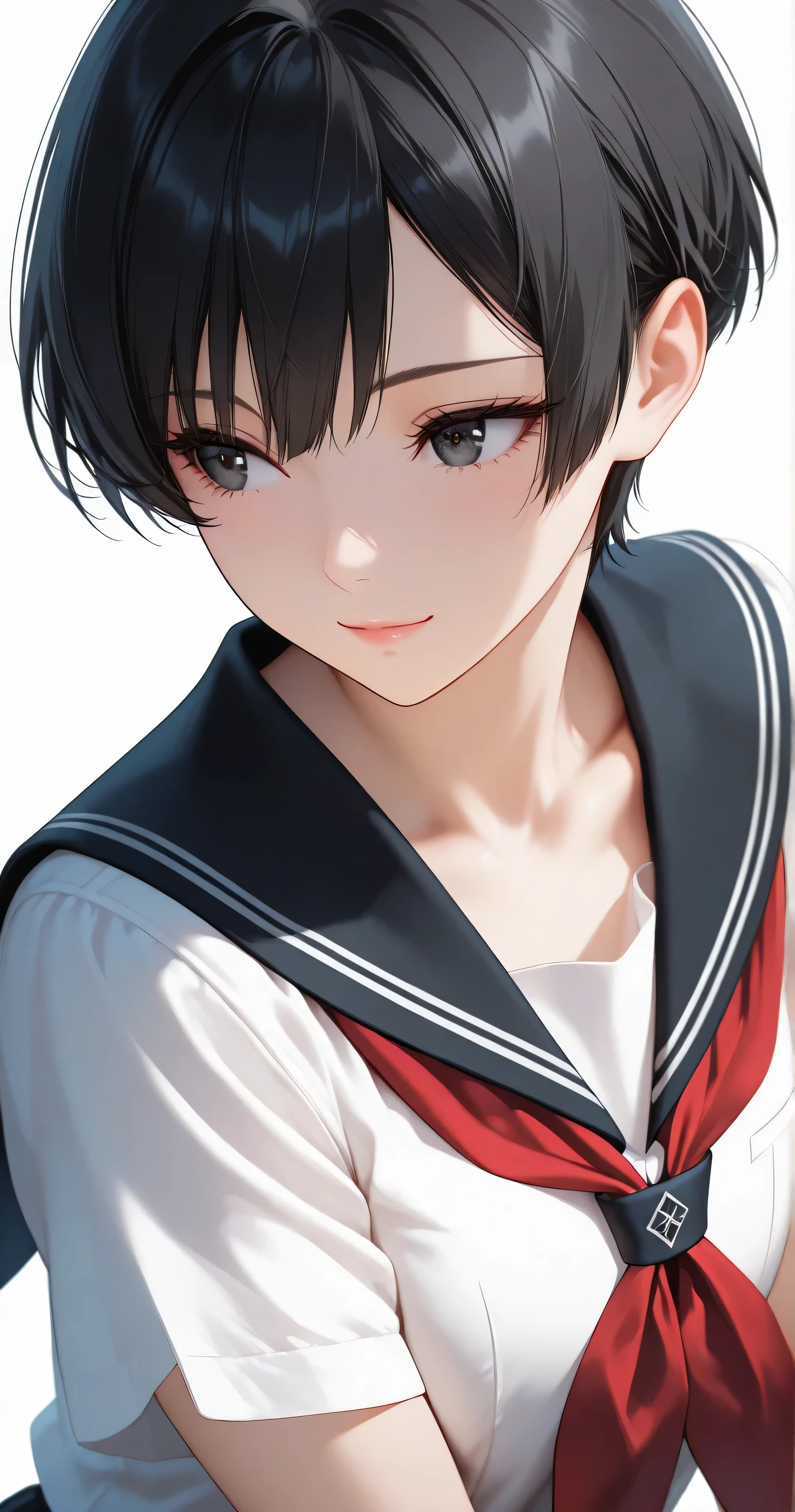 insanely detailed,  
sharp focus (1.4), crisp outlines, clear lines, rich harmonized colors, 
Cell-shaded style with vibrant, 2D anime style  
alluring mystique, stunning clarity,  
A refined and elegant presence, fragile yet unyielding.  
Calm composed gaze, black eyes with intricate irises.  
Ethereal beauty, quiet confidence, innocent yet captivating.  
slender figure, tall, 

Short choppy pixie cut, pure black hair, messy bangs,
silky smooth texture,
highly detailed black eyes with intricate irises and large highlights, calm and composed gaze with subtle intensity, exquisite eyelashes, soft light reflecting on eyes,  
fair flawless porcelain-like skin with dewy radiance, 

darkred neckerchief, traditional Japanese style, Short sleeve, school uniform, shirt, serafuku, pure white shirt, 
Wearing a classic sailor uniform(2.0), pure white fabric, with 3 black stripes on the collar and sleeves, simple black sailor collar,
Backlight, white background, simple background,
1girl, solo, 
Masterpiece, best quality, ultra-detailed, 8k resolution,  
perfect anatomy,  
light smile, looking away, 
face shot, front view, 
highly detailed face, refined body, flawless skin.