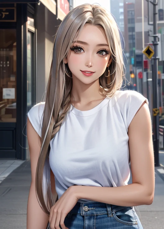 brown skin, long white hair (masterpiece, : 1.2, highest quality), (1 female, alone, Upper body: 1.2) brown skin Clothing: brown skin, busタオルアクセサリー: Hairpin Hair: long gray hair makeup: nature, glowing skin, brown skin Behavior: Relaxed, easy going, a place of smiles: bus, long white hair, very big breasts, Brown-yellow eyes, brown skin