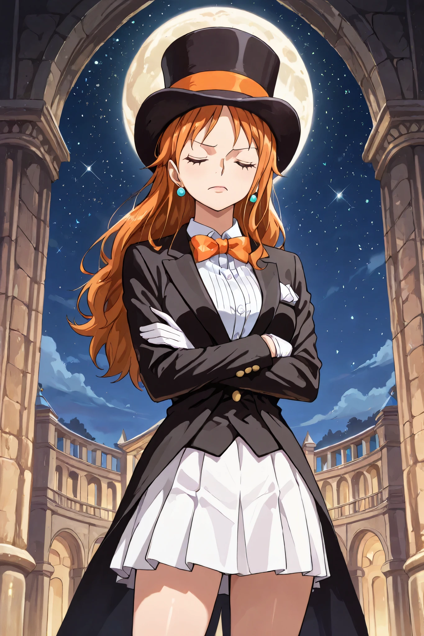 (masterpiece, 2k, high detail) solo, 1girl, nami, one piece, long orange hair, earrings, brown eyes, sleek legs,( large black silk top hat, orange band) black tuxedo jacket, white shirt under tuxedo jacket, orange bowtie, white miniskirt, ((white gloves)), (indifferent expression, graceful, ladylike), (dapper), standing in a marble courtyard, night scene, starry background, full moon in the sky, (arms crossed), chin up, head turned to the left, (eyes closed), (prim and proper pose, elegant pose), razzle dazzle vibes, close up shot, (looking away from viewer), hmph!