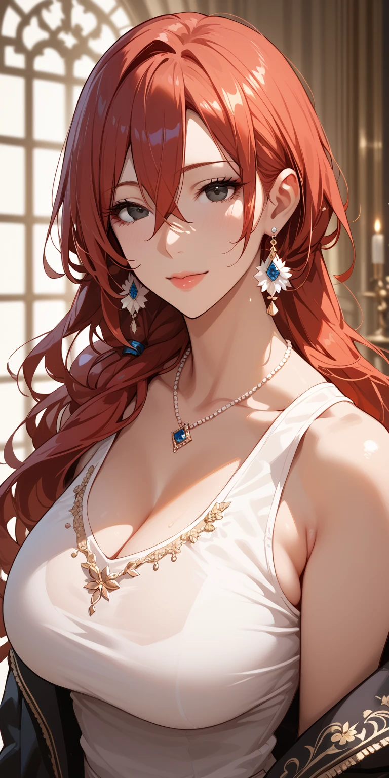 ((best quality)), ((masterpiece)), (detailed), perfect face, queen, castle, red hair, sitting