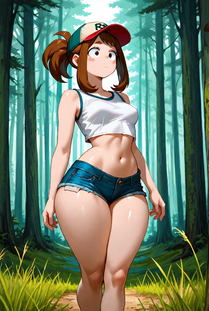 beautiful, (masterpiece:1.2), (best quality:1.2), perfect eyes, perfect face, perfect lighting, 1girl, ass, black panties, breasts, brown hair, crop top, cutoffs, highleg, highleg panties, long hair, median furrow, large breasts, panties, ponytail, short shorts, shorts, sideboob, simple background, solo, tank top, thighs, thong, underboob, underwear, field, grass, walkway, huge ass, wide hips, arms at side
