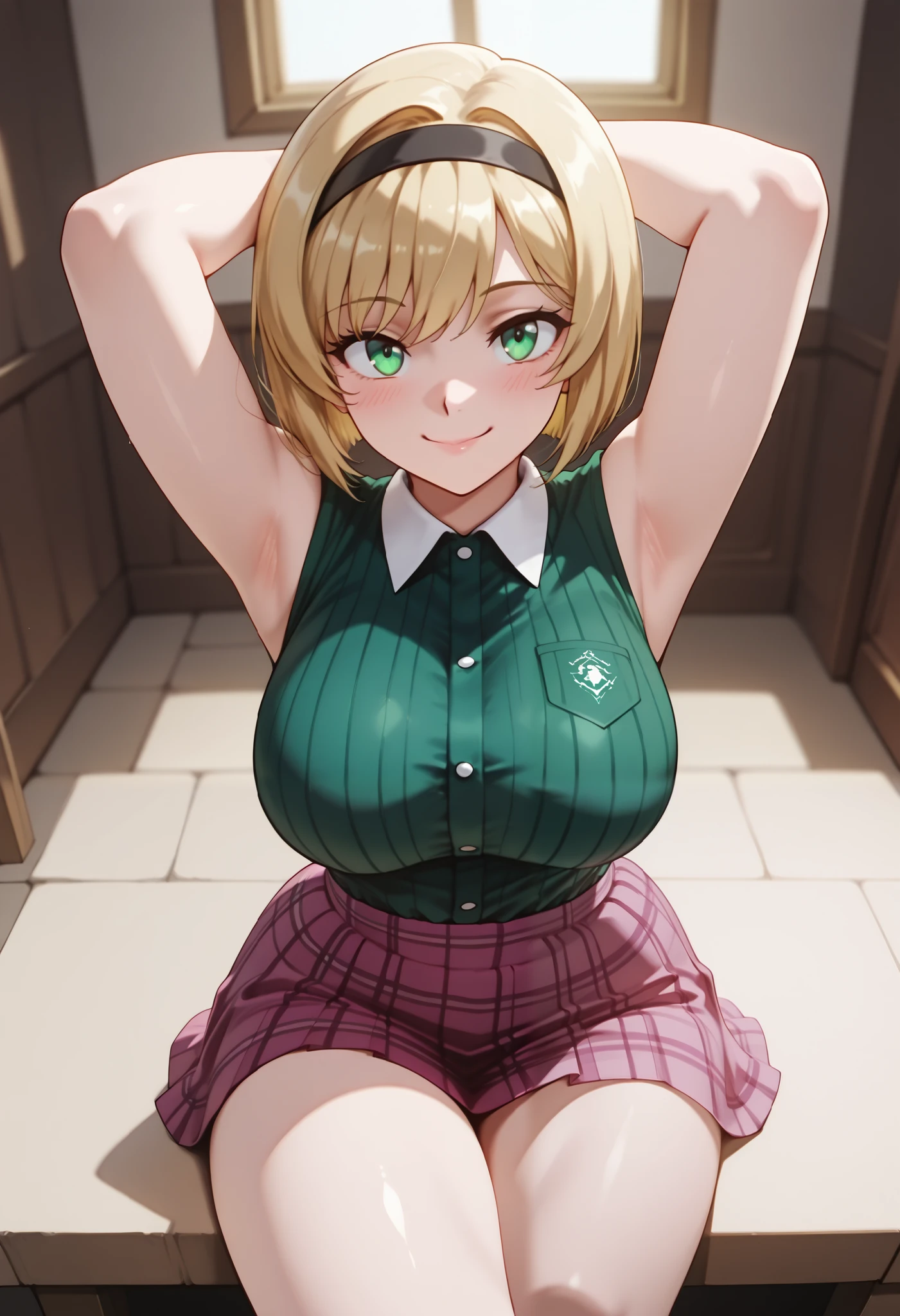 (dynamic angle, wide view, wide-angle lens, extremely detailed, CG, 8k Amazing, finely detail)), (intricate details, depth of field), 8k UHD, (masterpiece, best quality), ((amazing quality,very aesthetic,absurdres,best quality,newest, masterpiece)), ultra detailed, best quality, beautiful face, perfect anatomy, anatomically correct, athletic sexy body, Expressiveh, (cute face, cute body))), ((happy girl, proud to show her body)), ((((Miki H, blonde hair, bobcut, short hair,bangs, green eyes, black hairband, large breast, green striped shirt, sleeveless shirt, white collar, plaid pink miniskirt, white socks))), ((large breasts, slim sexy body, curvy hips, seductive pose, flirting, naughty face, blush)), (((looking at viewer, happy smile, joy, cowboy shot, dynamic pose)))), curvy, toned, athletic, sitting, arms up, crossed legs, (((seductive pose, sexy pose, cowboy pose)), indoors,((hourglass figure)), ((pinup pose, seductive pose,dynamic pose, seductive), ((precise face and eyes:1)) , ((looking at back, full body shot, hourglass figure, wide hips)))), fantasy, outdoors, ((highly detailed, highres, 8k, uhd, High Dynamic Range, tonemapping, crisp details, intricate details, fine details)), ((highly detailed skin texture, finely detailed hair, perfect face, perfect body, perfect hair, perfect anatomy, portrait)), (((close up view, above view)))