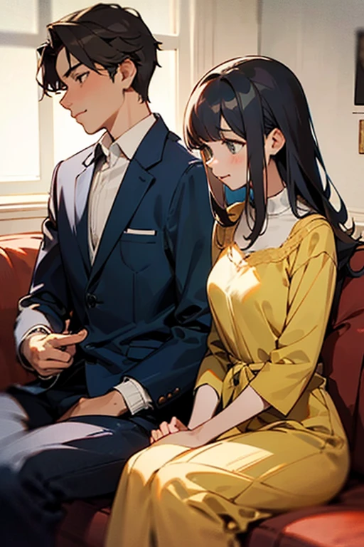 college student couple、loved one、black haired girl、cute、My eyes fell.、hug、Tall man、Handsome young man、detailed face、back、woman sitting on man&#39;Slap、smile