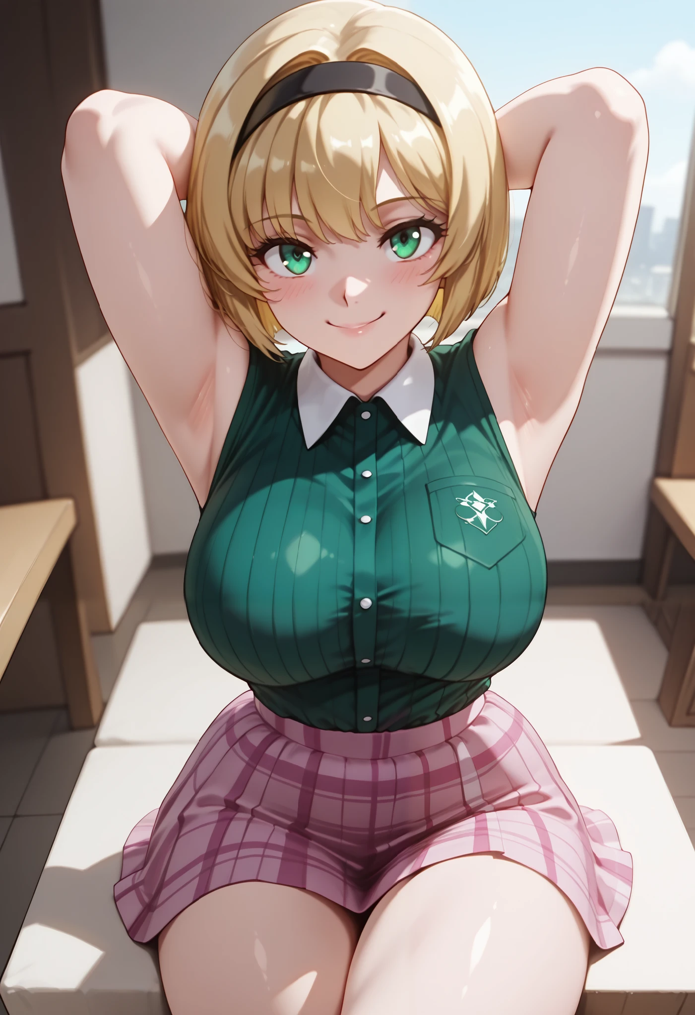 (dynamic angle, wide view, wide-angle lens, extremely detailed, CG, 8k Amazing, finely detail)), (intricate details, depth of field), 8k UHD, (masterpiece, best quality), ((amazing quality,very aesthetic,absurdres,best quality,newest, masterpiece)), ultra detailed, best quality, beautiful face, perfect anatomy, anatomically correct, athletic sexy body, Expressiveh, (cute face, cute body))), ((happy girl, proud to show her body)), ((((Miki H, blonde hair, bobcut, short hair,bangs, green eyes, black hairband, large breast, green striped shirt, sleeveless shirt, white collar, plaid pink miniskirt, white socks))), ((large breasts, slim sexy body, curvy hips, seductive pose, flirting, naughty face, blush)), (((looking at viewer, happy smile, joy, cowboy shot, dynamic pose)))), curvy, toned, athletic, sitting, arms up, crossed legs, (((seductive pose, sexy pose, cowboy pose)), indoors,((hourglass figure)), ((pinup pose, seductive pose,dynamic pose, seductive), ((precise face and eyes:1)) , ((looking at back, full body shot, hourglass figure, wide hips)))), fantasy, outdoors, ((highly detailed, highres, 8k, uhd, High Dynamic Range, tonemapping, crisp details, intricate details, fine details)), ((highly detailed skin texture, finely detailed hair, perfect face, perfect body, perfect hair, perfect anatomy, portrait)), (((close up view, above view)))