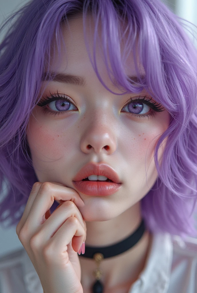 (32k) 16K, 8 thousand, 4K, has a super exquisite face, tiny mouth, Lip biting makeup, Sissy, purple hair, purple eyes, high resolution, perfect pubic. Portrait.