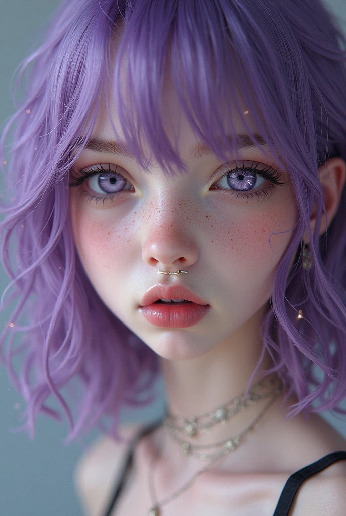 (32k) 16K, 8 thousand, 4K, has a super exquisite face, tiny mouth, Lip biting makeup, Sissy, purple hair, purple eyes, high resolution, perfect pubic. Portrait.