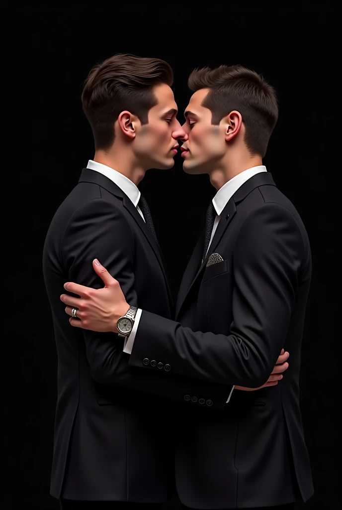 Masterpiece , Superb Clothing, (illustration), ((2 guys)), ((Handsome Young Couple Kissing and Hugging), (Russian Mill Style), Fashionab, jaqueta de couro, ( long hair), (happy), (fair skin), (dark circles), Handsome, party, toast, Uptrend, dark gray,, close-up, (Big background), (Light and dark contrast method )), Exquisite facial details, Facial details, lighting, (Depth of field ), Ultra HD, (upper body), black background