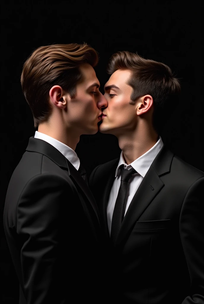 Masterpiece , Superb Clothing, (illustration), ((2 guys)), ((Handsome Young Couple Kissing and Hugging), (Russian Mill Style), Fashionab, jaqueta de couro, ( long hair), (happy), (fair skin), (dark circles), Handsome, party, toast, Uptrend, dark gray,, close-up, (Big background), (Light and dark contrast method )), Exquisite facial details, Facial details, lighting, (Depth of field ), Ultra HD, (upper body), black background