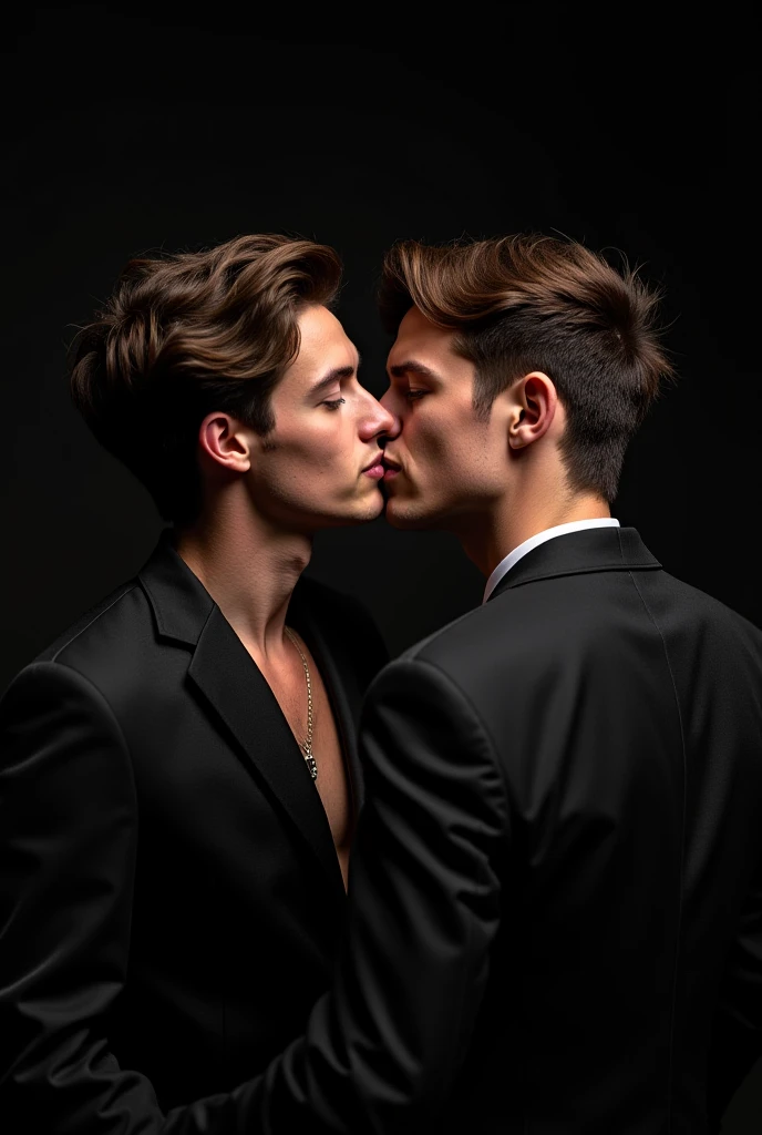 Masterpiece , Superb Clothing, (illustration), ((2 guys)), ((Handsome Young Couple Kissing and Hugging), (Russian Mill Style), Fashionab, jaqueta de couro, ( long hair), (happy), (fair skin), (dark circles), Handsome, party, toast, Uptrend, dark gray,, close-up, (Big background), (Light and dark contrast method )), Exquisite facial details, Facial details,  lighting, (Depth of field ), Ultra HD, (upper body),   black background 