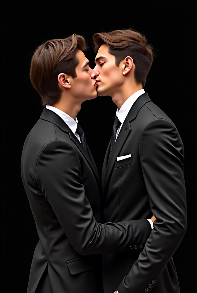 Masterpiece , Superb Clothing, (illustration), ((2 guys)), ((Handsome Young Couple Kissing and Hugging), (Russian Mill Style), Fashionab, jaqueta de couro, ( long hair), (happy), (fair skin), (dark circles), Handsome, party, toast, Uptrend, dark gray,, close-up, (Big background), (Light and dark contrast method )), Exquisite facial details, Facial details,  lighting, (Depth of field ), Ultra HD, (upper body),   black background 