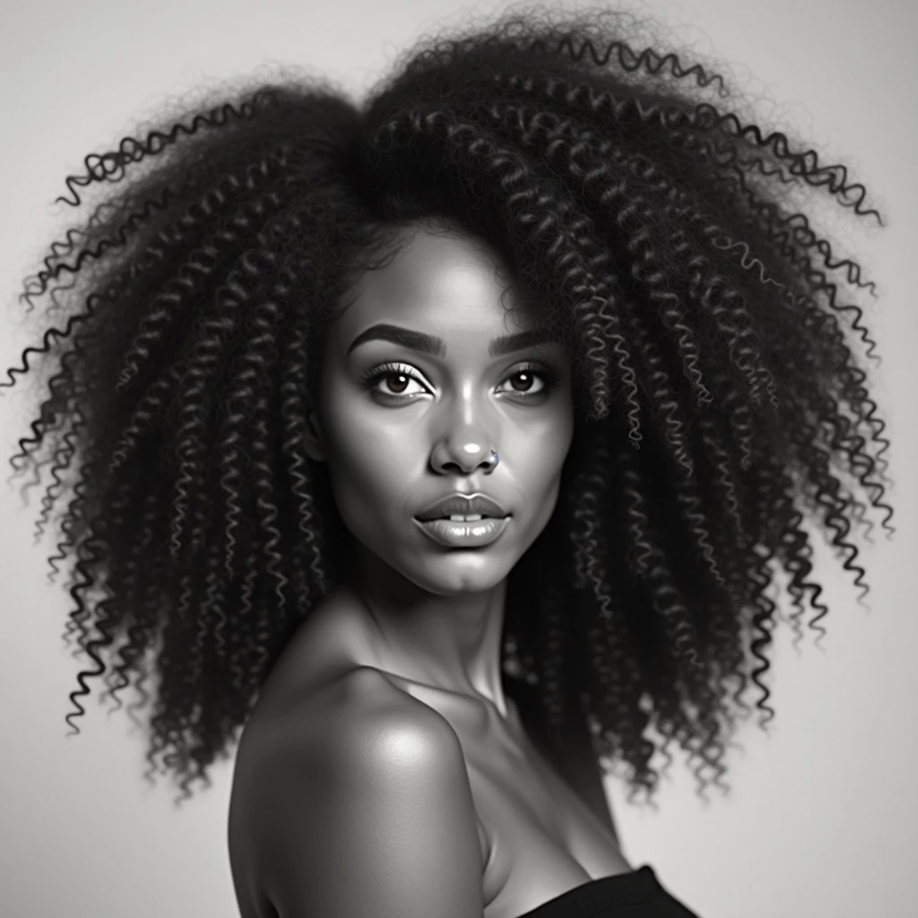 Close-up of a woman with curly hair and earrings, Curly Afro, black curly hair, with a curly perm, longs cheveux afro, long curly hair wild black, black curly hair, long black hair long curly, long curly black hair, Curly haircut in the middle, cheveux afro, with textured hair and skin, curly hair, Curly fringe, avec afro, light curly hair