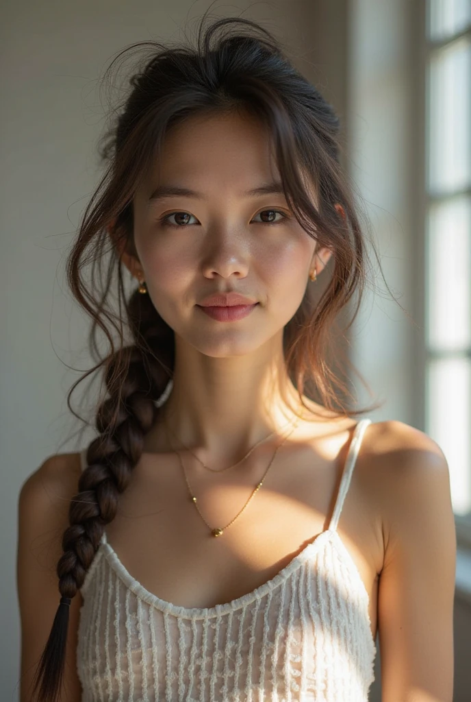 ((bestquality)), ((masterpiece)), (Detailed), perfect face,,Half-Thai-Japanese girl with a young face,small blue eyes,small nose,Little mouth, beautiful smile,I have long, white, red braided hair.,naked, small breasts