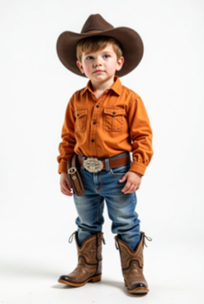 A chubby brunette boy with short hair 8 years wearing cowboy clothes, cowboy hat, cowboy boots, cowboy belt and a knife tied at the waist.