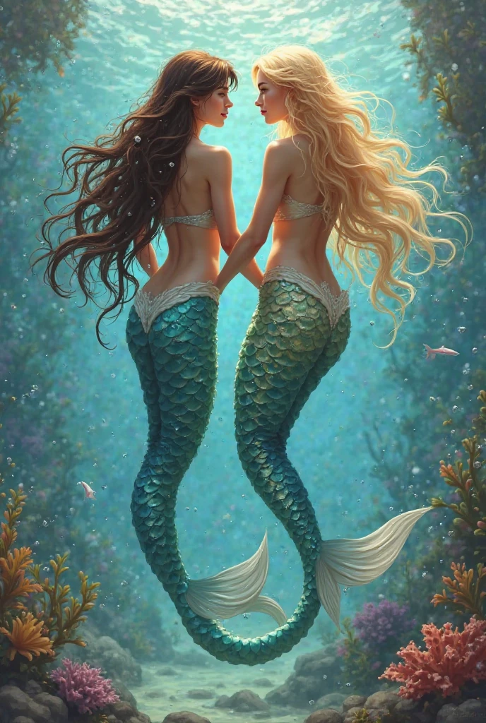 Green and blue sirens, who swim quietly, illuminated by the moon's rays