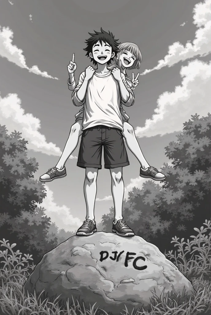 "A Ghibli image of black and white photo of a young man standing on a large rock, carrying a young woman on his shoulders. The man is smiling confidently while holding her legs for support, and the woman is making peace signs with both hands and smiling cheerfully. They are surrounded by lush greenery, and the background shows trees, bushes, and a clear sky. Graffiti with the letters 'DJVFC' is visible on the rock surface beside them. The scene captures a fun and adventurous outdoor moment."