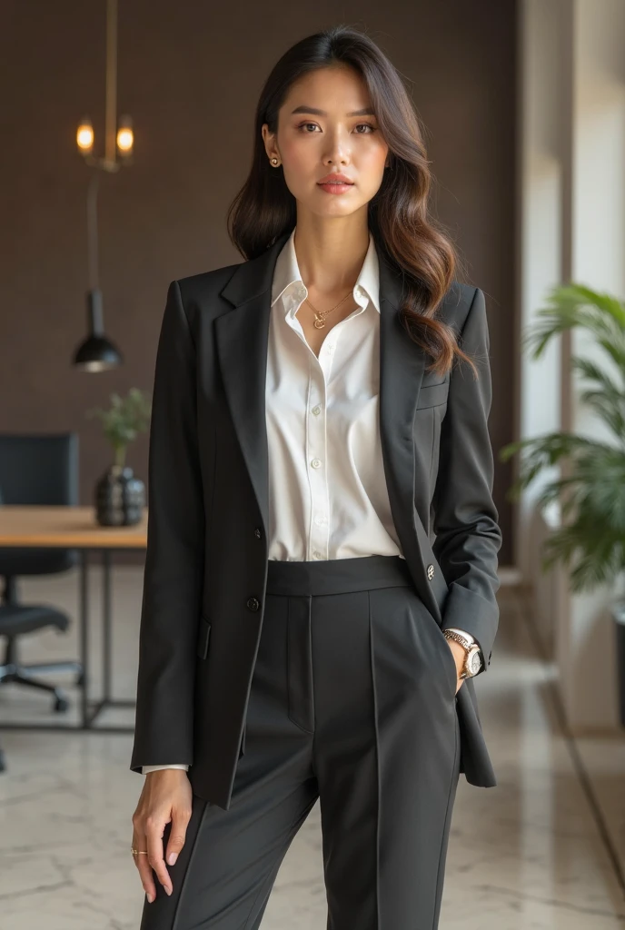 （best qualtiy，8k，32k，tmasterpiece，UHD：1.2），1girll，beautiful  japanese woman，a narrow waist，grey suit，open shirts，office  lady，White suit，trouser，，office room，office desk，（Stretch out your thighs：1.2），详细的脸，with short dark brown hair，