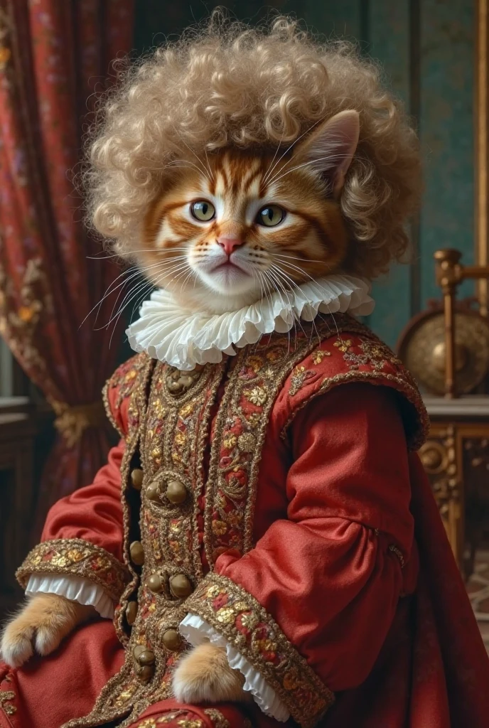 Masterpiece: oil portrait of a cute kitten with a curly wig and dressed like a Renaissance aristocrat. Maximum detail. 64-megapixel photo quality. In the background: a Renaissance living room with its colors and furniture. Maximum detail. 8K photo quality. Inter light.