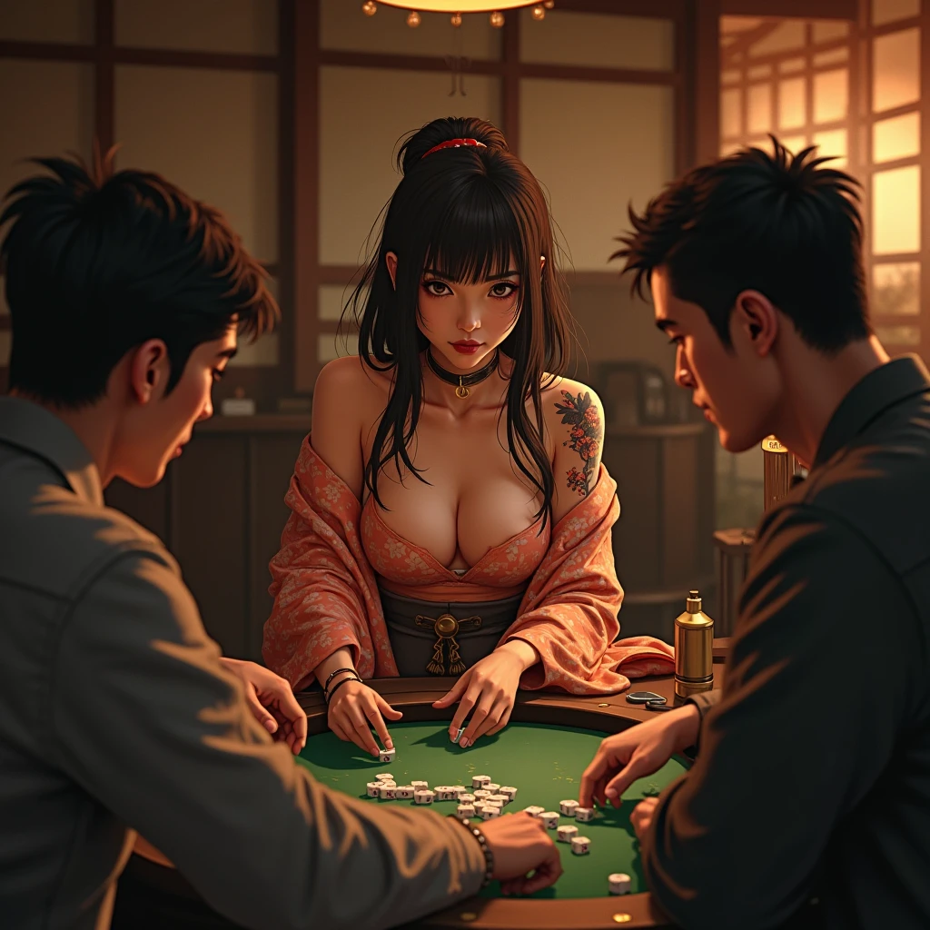 (Digital Painting)、(top-quality)、Four people play cards、spider-man、Lupin III、The Joker、ChunLi、baccarat、poker、PlayingCards、Ukiyo-e Art Style、Hokusai's inspiration、Popular deviant art、8K Ultra Real、Pastel Color Schemes、Soft lighting、the golden hour、Looks fun、a smile、