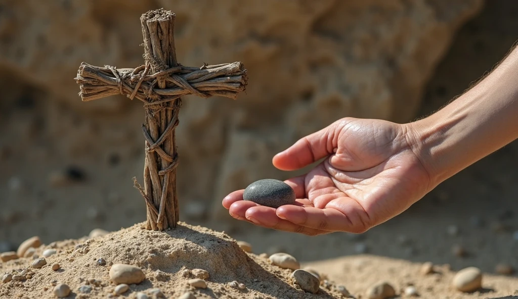 A focus on Jesus' nailed hands and feet, resaltando la angustia y sacrificio que representa.
A detailed representation of the surrounding environment, con expresiones emotivas en los rostros de las personas que lo observan.