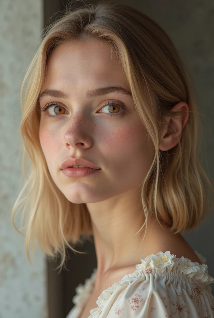 Highest quality、Surreal、、Photorealistic、Portrait of a British woman in his 20s、Fashion Model、Short blonde center parted hairstyle、oblong face、Thin face、Small eyes、Green Eyes、White skin、freckled skin、thin and thin eyebrows、Eyes and eyebrows are separated、Small Nose、Small Mouth、Thin lips、Closed lips、with a natural expression、Her face is illuminated by soft natural light、Photo from the upper body to the top, (from back)
