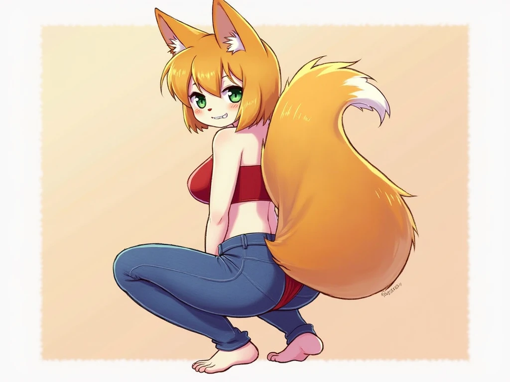 ((masterpiece, best quality)), (anthro furry:1.3, snout:1.2, anthro:1.3, furry:1.2, closeup:1.2, solo female:1.2, cleavage, leaning forward, smile, red), no top, sweatpants, large breasts, detailed, detailed background, big ass, pulling down sweatpants, big ass, teen, expressive eyes, hair, blush, (view from behind:1.5), fat ass, (sweating), steaming body, presenting ass, lockerroom, embarrassed, plain white panties,