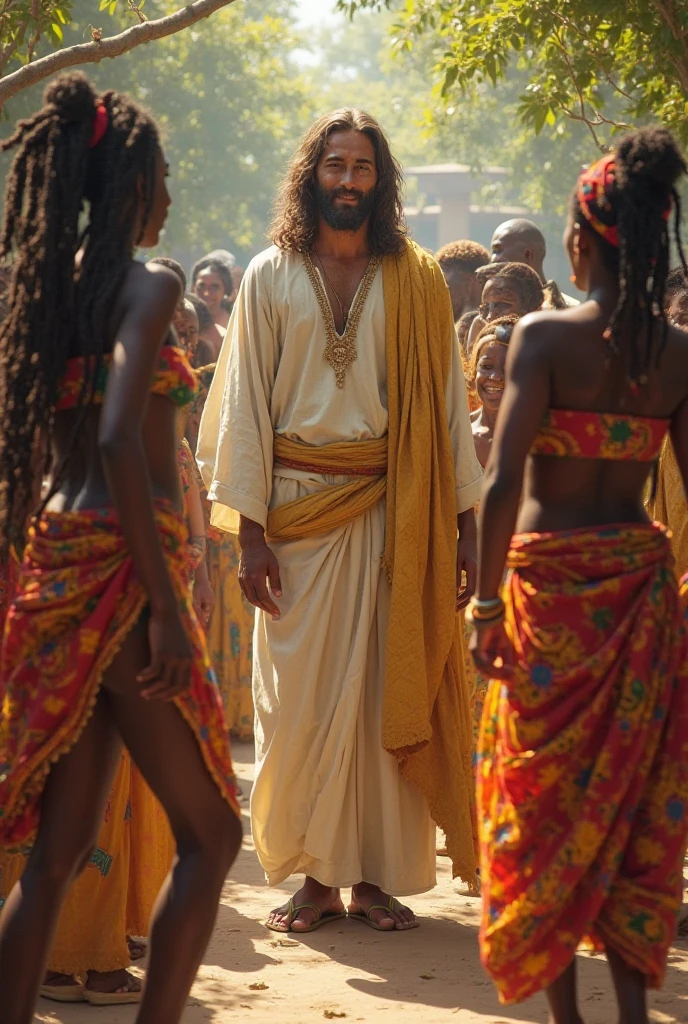 Black Jesus with dark skin looking down with peoples on there knees worshiping him.