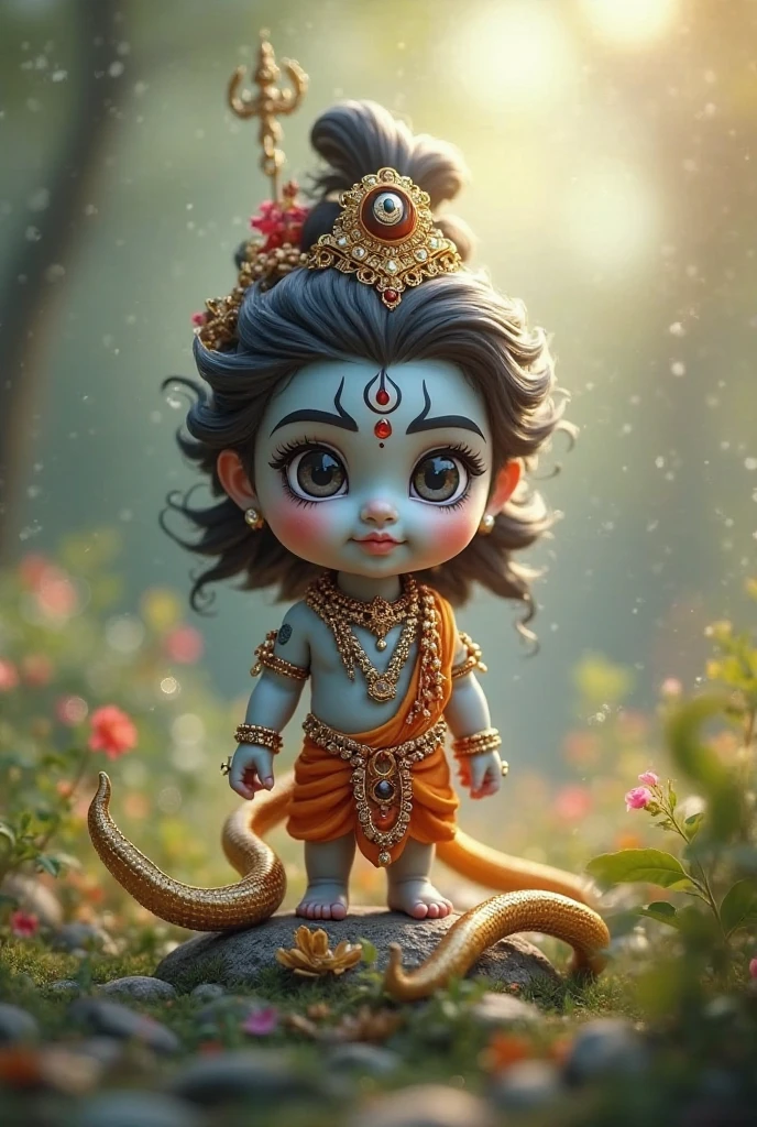 Lord baby shiv with bull and shiv throats nestle a cobra snake